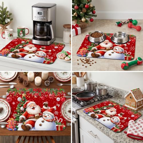 TUNSEZ Christmas Santa Snowman Dish Drying Mat 18x24 Inch Holiday Kitchen Decor