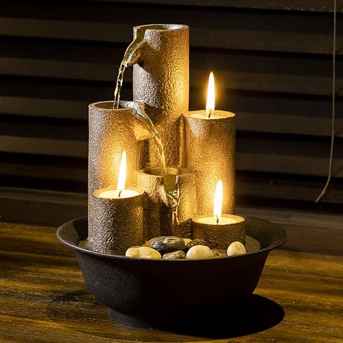 Indoor Tiered Tabletop Water Fountain with Candle Holders, 11-Inch