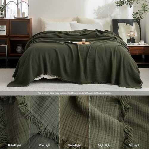 FOSSA 4-Layer Cotton Muslin Blanket Twin XL Olive Green 66x90 inches