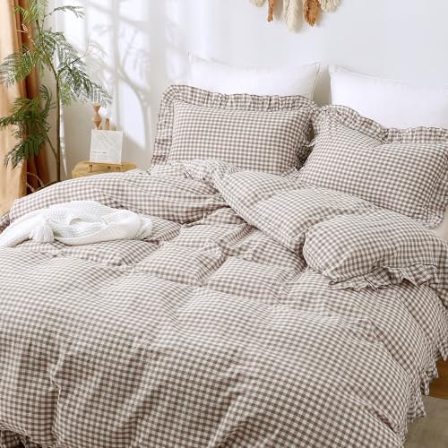 Tan Gingham Ruffle Duvet Cover Set - Queen 100% Washed Cotton Bedding