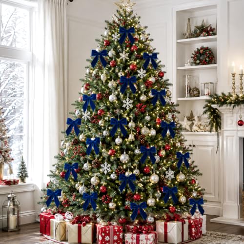 KINGLAKE 24 Pcs Navy Blue Velvet Bows 1.5 Inch for Christmas Tree Decoration