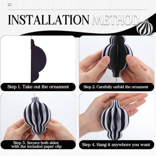 Kasyat 24 Black & White Honeycomb Christmas Ornaments, 110 GSM Paper Decoration Set