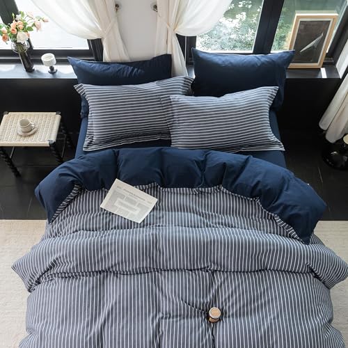 Reversible Navy Blue Striped Queen Duvet Cover Set - 100% Washed Cotton 3-Piece