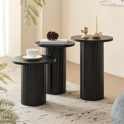 3-Piece Modern Nesting Coffee Table Set with Fluted Drum Base, Black