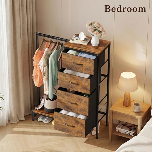 Rustic Brown 44'' Tall Dresser with Hanging Clothes Rack & 4 Drawers - Reversible, Sturdy Storage Tower