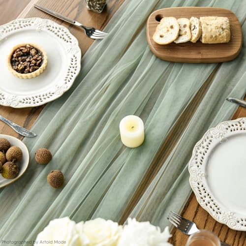 Artoid Mode 59 x 120 Inch 3pc Sage Green Gauze Table Runner – Seasonal Decor