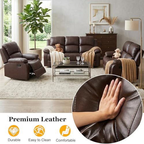 BrisaNube Brown 3-Piece Reclining Leather Sofa Set with 1 Seat, Loveseat & 3-Seat Couch