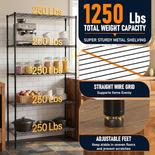 5-Tier Wire Storage Shelf 36x14x72 Inch Black Heavy Duty Metal Rack