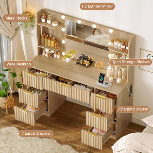 Fluted Vanity Desk with Mirror, LED Lights, Power Outlet & 7 Drawers