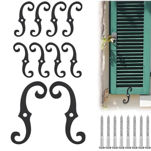 8-Pack S-Style Shutter Dogs, 6.3-Inch Decorative Iron Tiebacks, Black