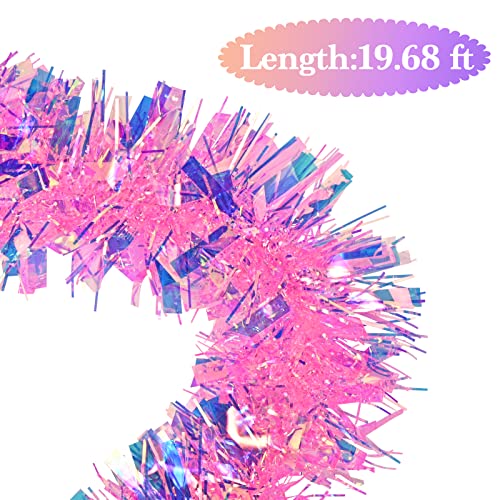 20ft Pink Iridescent Christmas Tinsel Garland with Star Accents
