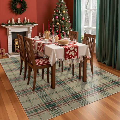 Green Christmas Checkered 5x7 Area Rug - Washable Faux Wool, Non-Slip