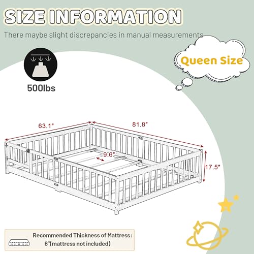 Queen Montessori Floor Bed with Safety Guardrails and Lockable Door