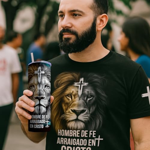 TUMBTU 20oz Christian Tumbler with Lion & Cross—Fueled by Faith, Spanish Bible Verses