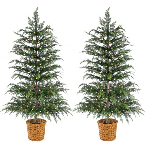 ENJOLLY 2 Pack 4FT Pre-Lit Artificial Cypress Christmas Tree with Woven Basket, Indoor/Outdoor Holiday Decor