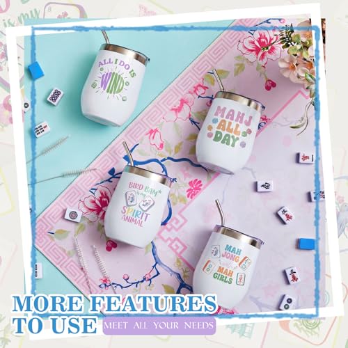 Cute Mahjong Wine Tumbler Set - 4 Pack 12oz Stainless Steel Cups for Women & Men