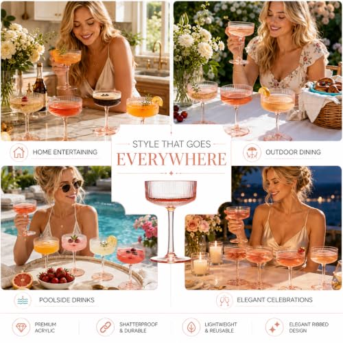 Khen Pink Peach Acrylic Ribbed Coupe Martini Glasses Set of 4, 8 oz Shatterproof European Style Drinkware