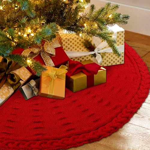 36-Inch Red Cable Knit Christmas Tree Skirt - Thick Rustic Farmhouse Decor