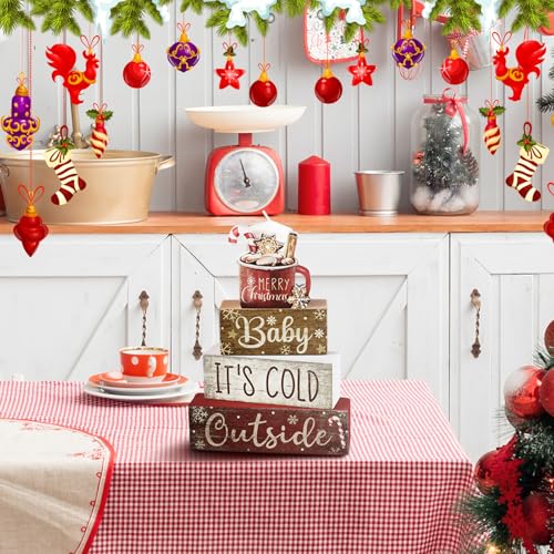 Moucuny Christmas Hot Cocoa Wood Sign & Book Decor Set - Indoor Holiday Tabletop Decorations