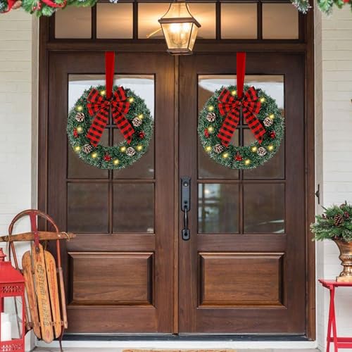 14-Inch Pre-Lit Christmas Wreaths with LED Lights & Timer, 2-Pack