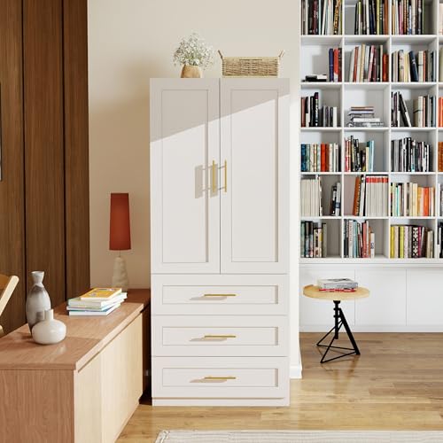 Modern White Wardrobe Closet with 3 Drawers and Hanging Rail