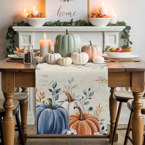 Fall Table Runner 13x36 Inch with Pumpkin Orange & Blue Eucalyptus - Autumn Thanksgiving Decor