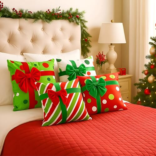 Breling 4 Pack Christmas Pillow Covers 20x20 Inch Red Green Stripe Dot Gift Box Design with 3D Bows