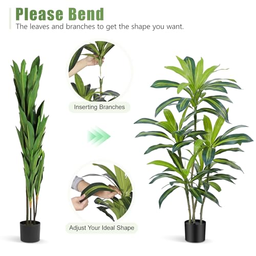4FT Tall Dracaena Artificial Tree with Real Touch Leaves - Potted Faux Plant for Home Decor