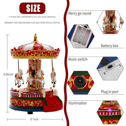 Musical Christmas Carousel Village Figurine with Revolving Horses & 8 Songs