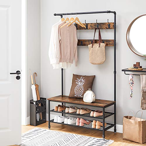 Industrial Hall Tree with Bench, 9 Hooks and 2 Shoe Storage Shelves