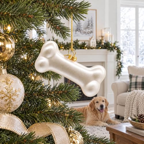 White Dog Bone Glass Christmas Ornament - Handcrafted Holiday Decor, Pet Lover Gift