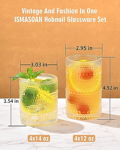 Vintage Hobnail Drinking Glasses Set of 8, Embossed Glassware 12oz & 14oz