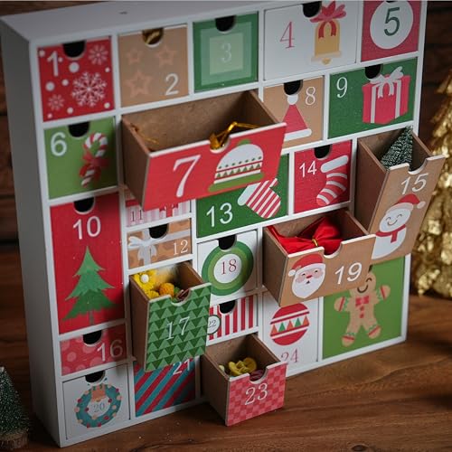 FESTGLOX Wooden Refillable Advent Calendar - 25 Drawer DIY Holiday Calendar for Kids