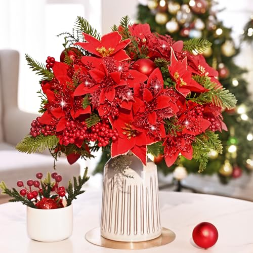 Velvet Red 4-Pack Poinsettia Artificial Flowers for Outdoors/Indoors - 13.8in Stems with Berry Accent