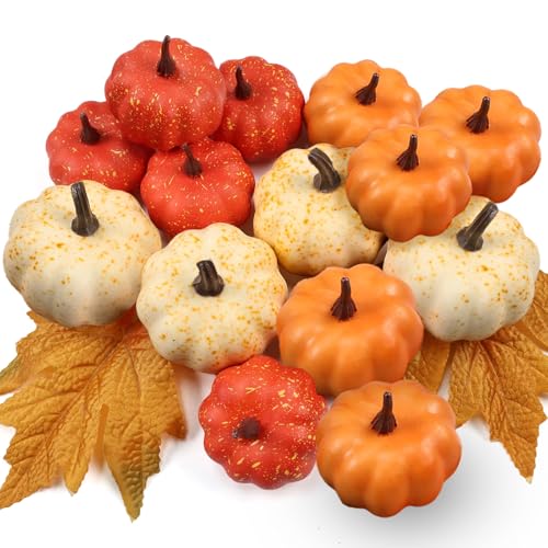 16-Piece Artificial Mini Pumpkin Set with Fall Leaves for Autumn Home Decor