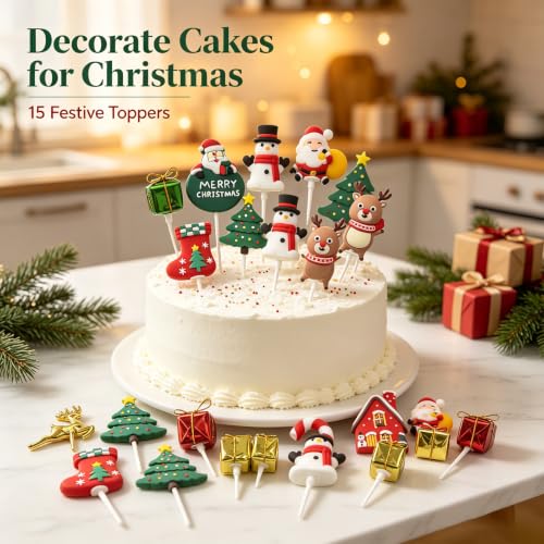 15-Piece Christmas Cake Topper Set - Festive Holiday Decorations for Cakes & Cupcakes