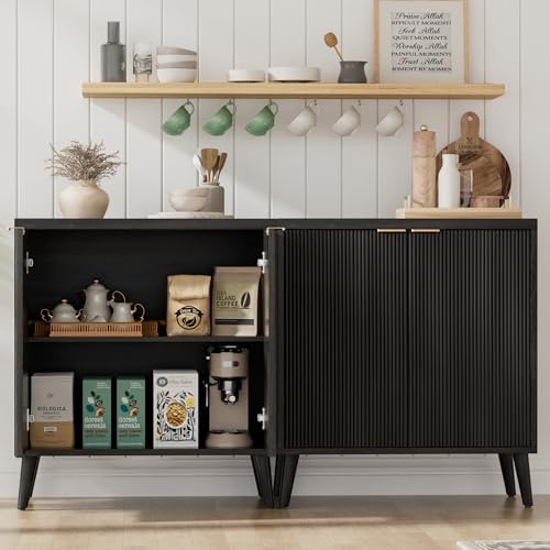 Fluted Sideboard Buffet Cabinet with Adjustable Shelf, Black Storage Console
