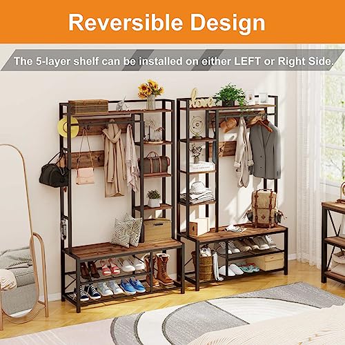 Rustic Hall Tree with Shoe Storage Bench and Coat Hooks, 5-Tier Shelves