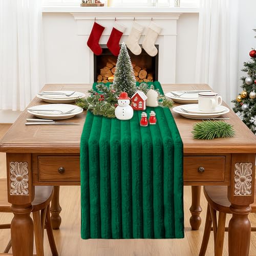 OTOSTAR Green Faux Rabbit Fur Christmas Table Runner 13x36 Inch for Holiday Decor