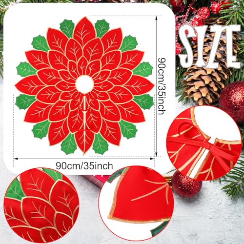 Jenaai 35-Inch Christmas Tree Skirt with Poinsettia Embroidery - Red & Green