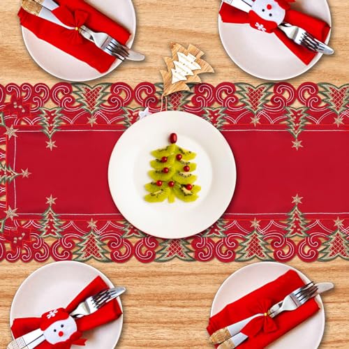 SHANGRLA Embroidered Red Christmas Tree Table Runner 54 in