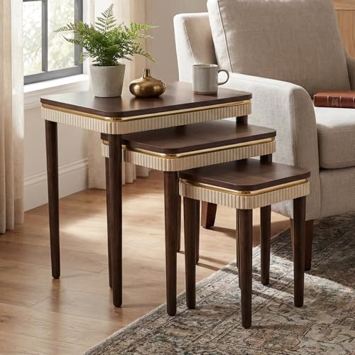 3-Piece Nesting Table Set, Mid-Century Walnut Side Tables with Gold Trim