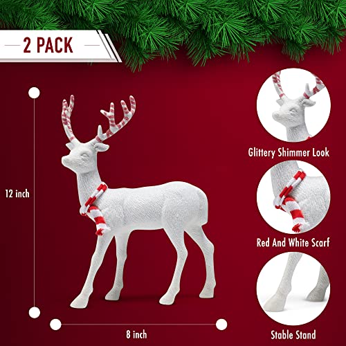 Peppermint Glitter Reindeer Christmas Figurines - 12" Holiday Decor, 2 Pack