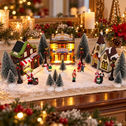 MEETYAMOR Lighted Christmas Village Set - 24 Pcs Holiday Mini Town Decor