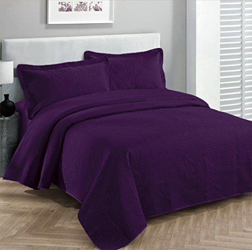Luxury Oversized King Bedspread Set - Embossed Solid Purple Coverlet