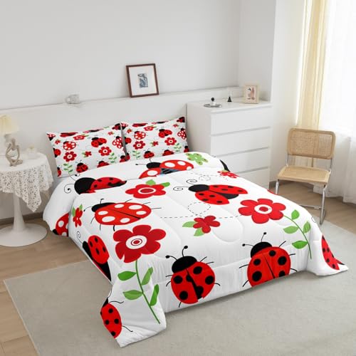 Castle Fairy Cute Ladybug Comforter Set Queen Red - Lightweight 2 Pillowcases
