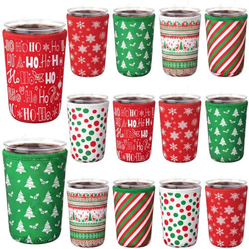 Xmas 12 Pcs Reusable Christmas Coffee Sleeves Insulator Red Green Holiday Design