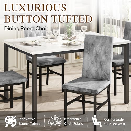 5-Piece Faux Marble Dining Table Set for 4 with Button Tufted Chairs