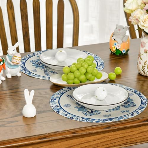 Artoid Mode Blue and White Porcelain Bunny Easter Placemats Set of 4, 14-Inch Round Spring Table Decor