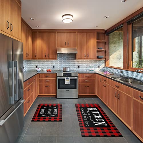 Red Buffalo Plaid Kitchen Mat Set of 2, Non-Slip Cushioned Floor Rugs